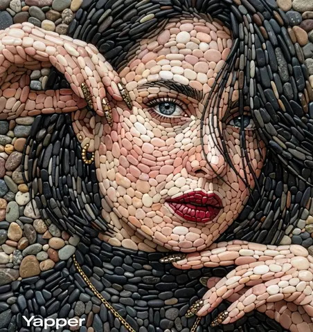 A highly detailed pebble mosaic portrait of a beautiful