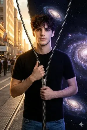 Conceptual Portrait of Man Zipping Reality Open to Cosmic Void