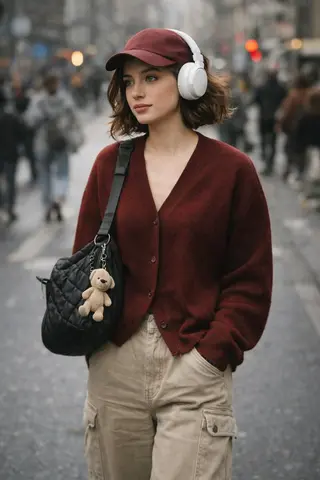 A high-quality, candid street photography shot of a stylish