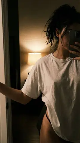 Candid Mirror Selfie in Oversized T-Shirt and Underwear