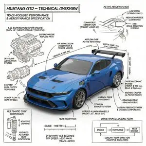 Infographic image of Mustang GTD with technical annotations