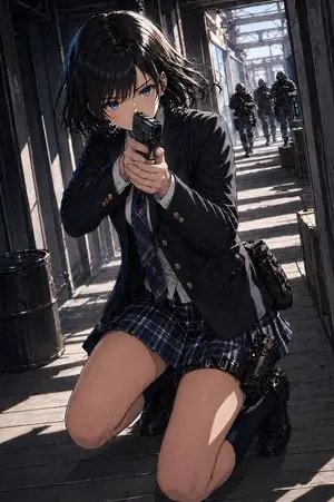 Anime Schoolgirl Gunfight on Industrial Walkway