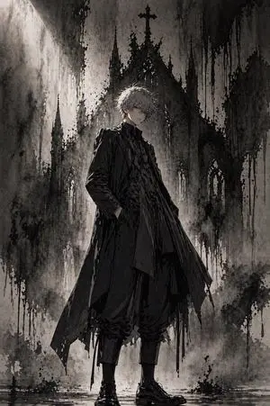Gothic Anime Figure Before Cathedral