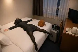 Exhausted Office Woman in Hotel Room