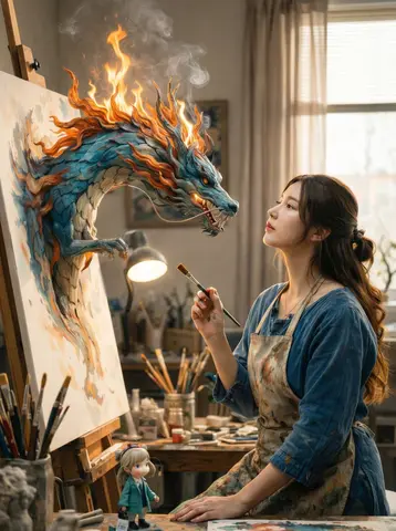 A cinematic fantasy scene inside a cozy artist’s studio