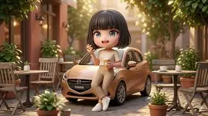 3D Stylized Woman with Mazda Hatchback