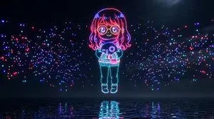 Drone Art Character Projection over Night Sea