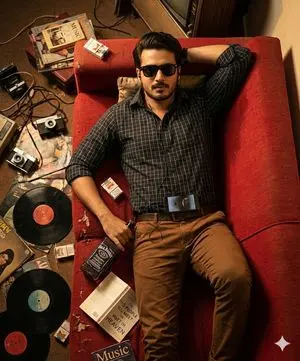 Cinematic Overhead Portrait of a Man on a Red Couch