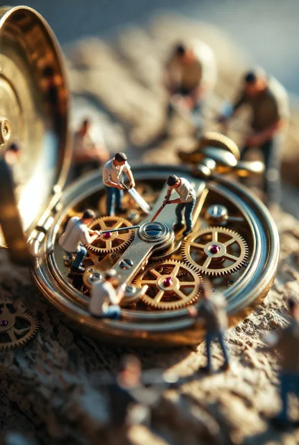Ultra-realistic macro scene depicting tiny restoration workers collaboratively repairing
