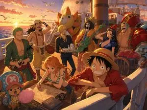 One Piece Straw Hat Crew at Sunset