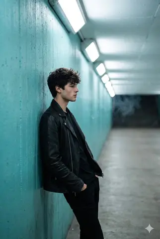 A full shot captures a young man in profile