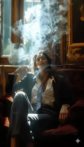 ​A high-definition cinematic portrait of a sophisticated woman sitting