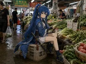 Anime Swordswoman in Wet Market