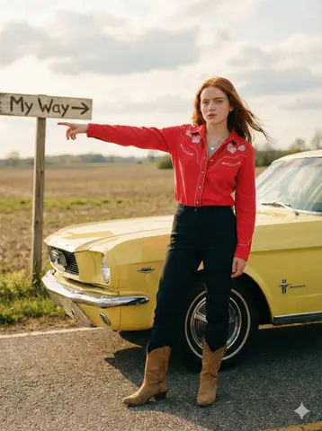 Young Woman Loose, Softly Flowing, Gently Wind Swept Standing Beside the Car,