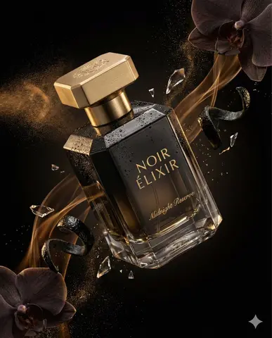 Noir Élixir Ultra Cinematic Luxury Fragrance Advertising Photography Atomized Perfume Mist Trails