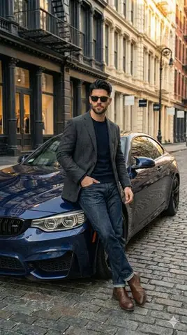 Hyper-Realistic Street View of Man Leaning on BMW
