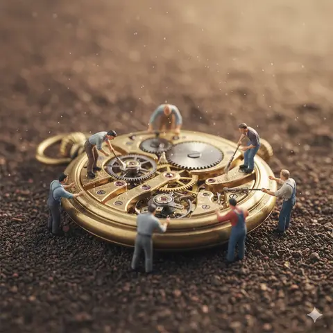 "Ultra-realistic macro scene depicting tiny restoration workers collaboratively repairing