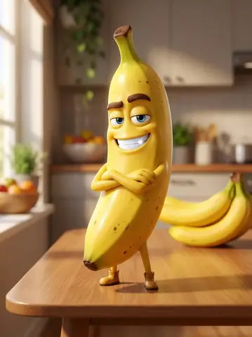 A Pixar-style 3D animated character of a single banana