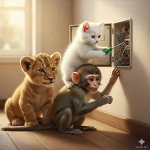 Humorous Animal Teamwork Scene