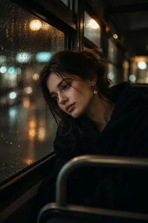 Melancholic Rainy Night Bus Portrait