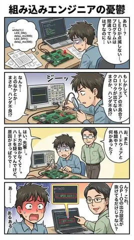 4-panel comic about embedded engineer struggles