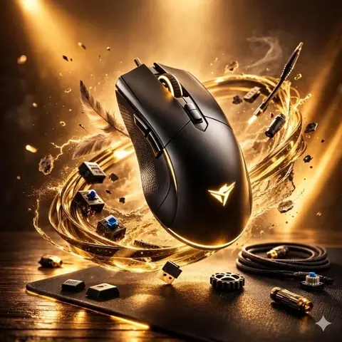 Ultra-realistic gaming mouse floating above a desk, surrounded by