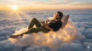 Person relaxing on glowing cloud above the sky