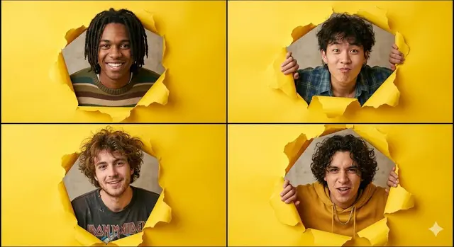 A high-resolution 2x2 grid collage of four individual portraits
