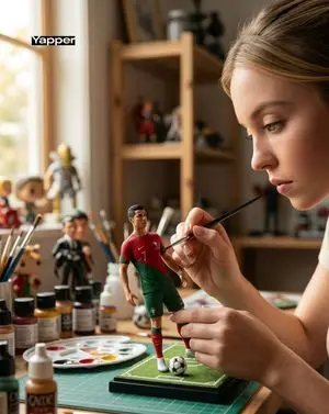 Hyper-Realistic Scene of Artist Painting Miniature Ronaldo Figurine