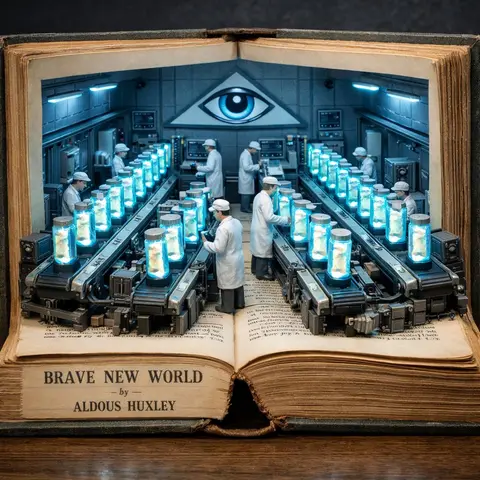 Surreal diorama emerging from an open vintage book of