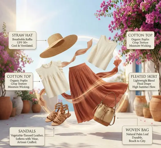 High-fashion summer outfit infographic with color-coordinated floating elements arranged