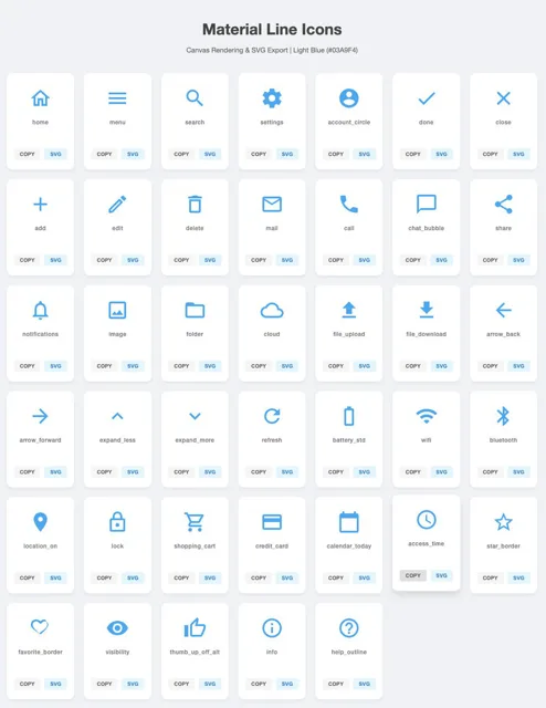 Generate 40 simple SVG icons with download buttons