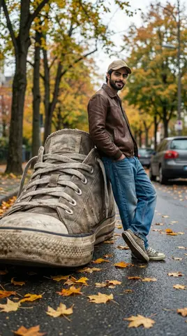 A cinematic forced-perspective street photography scene where a giant