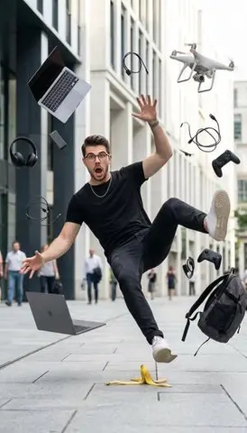 Cinematic Street Photography of Man Slipping on Banana Peel