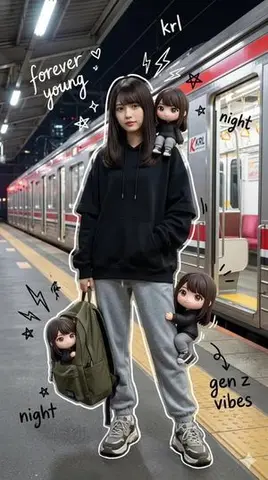 Mixed-Media Portrait of Gen Z Teenager with Chibi Clones