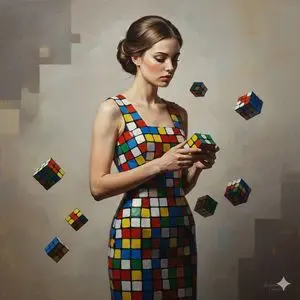 Hyper-realistic portrait of model in Rubik's cube dress