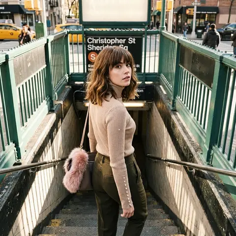 Natural Daylight Shoulder Length Wavy Hair with Bangs Standing on Subway Steps,