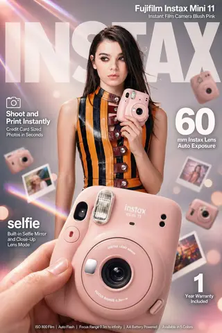 High-impact e-commerce infographic advertisement for "Fujifilm Instax Mini 11"