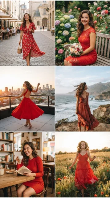 Smiling Woman in Red Dress Collage