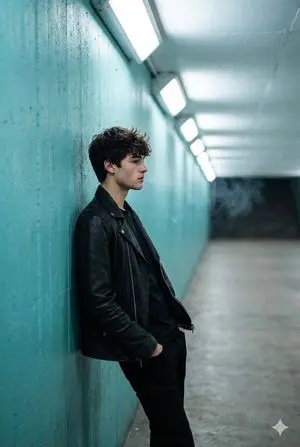 Cinematic Full Shot of a Man in a Turquoise Tunnel
