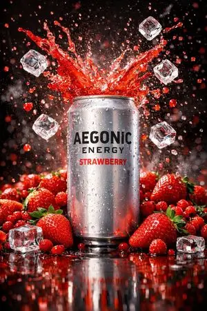Cinematic Product Photography Prompt: Strawberry Energy Drink Explosion