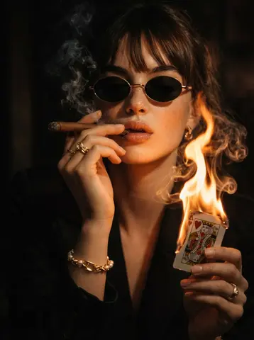A cinematic, moody portrait of a stylish women in