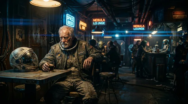 Old Astronaut in Futuristic Bar