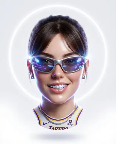 Hyper-stylized dynamic 3D floating head portrait of the attached