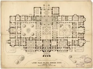Generate detailed construction plan of Laxmi Vilas Palace from image