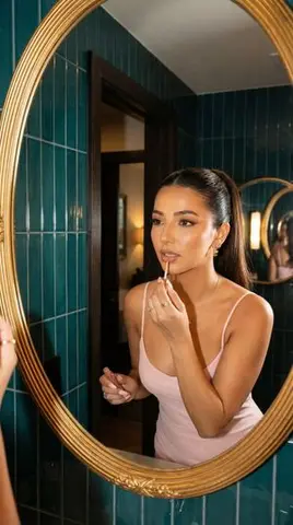 Glamorous Woman Applying Lip Gloss in Mirror Reflection