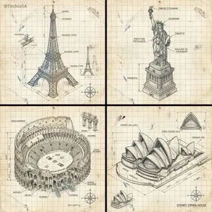 Hand-drawn isometric landmark schematic
