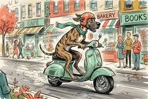 Sketchy Illustration of Dog on Scooter