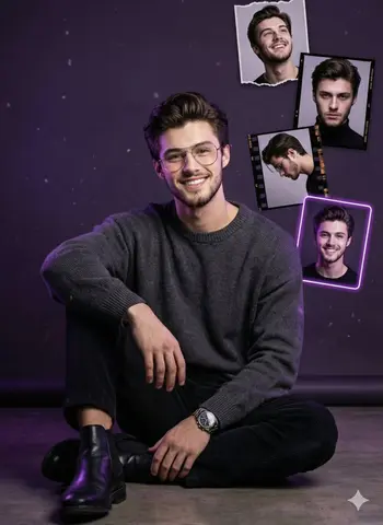 "Objective": "Create a stylish, cinematic birthday-themed studio portrait with