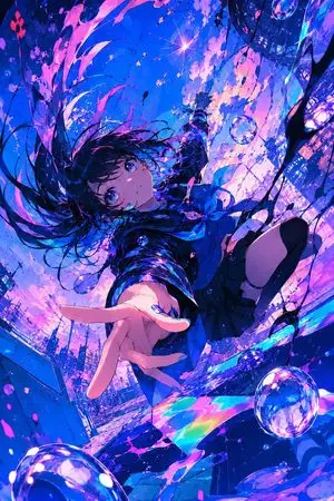 Neon Anime Girl Falling Through City Sky
